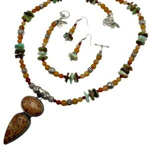 Handmade Jewelry Set - Leopard Jasper - Prehnite, Carnelian, Crystal & Pewter